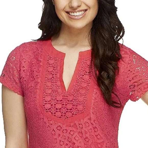 Isaac Mizrahi Live! Women's Short Sleeve Mixed Lace Lined Tunic Top - M - Black - Picture 6 of 7